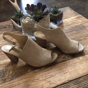 Peep toe suede heels